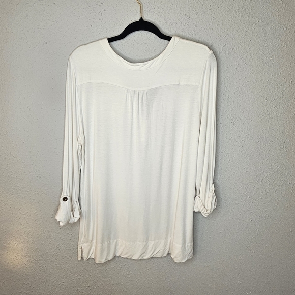 Soft Surroundings Rolled Sleeve Womens Tunic Shirt L Large V Neck Buttons White - Picture 8 of 12